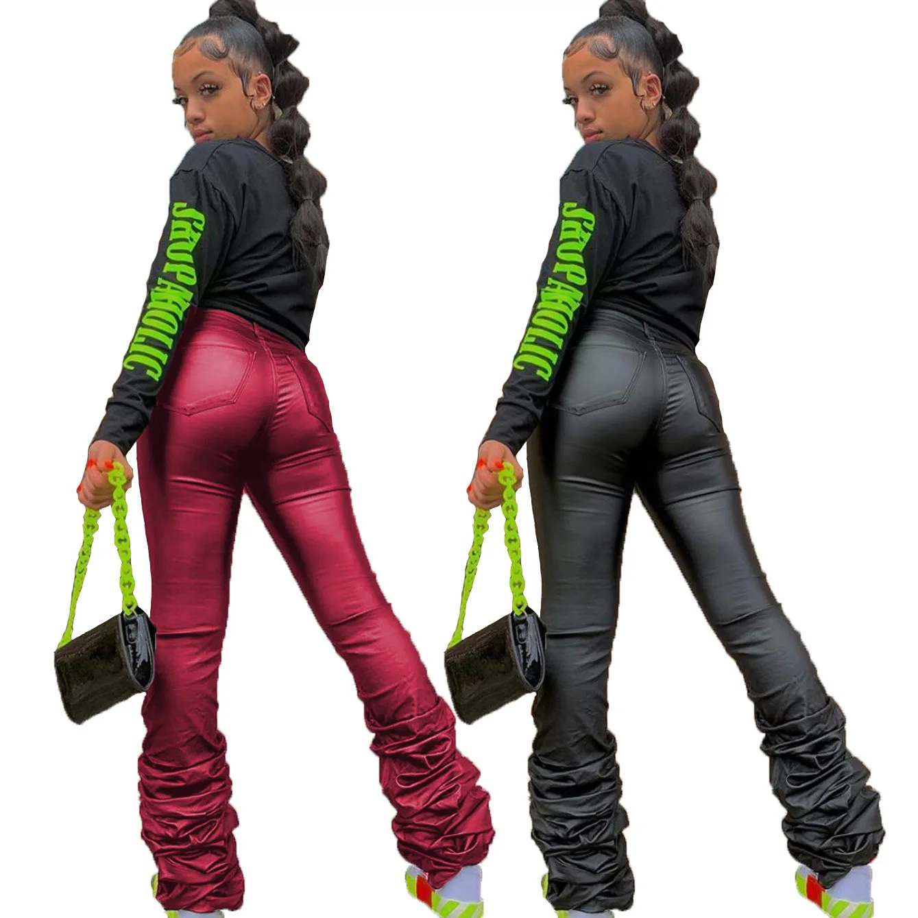 High Quality Skinny Stacked Pants Pu 
