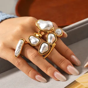 MW New Arrival Baroque Simulated Pearls Open Ring 18K Gold Plated Stainless Steel Adjustable Ring for Women Jewelry