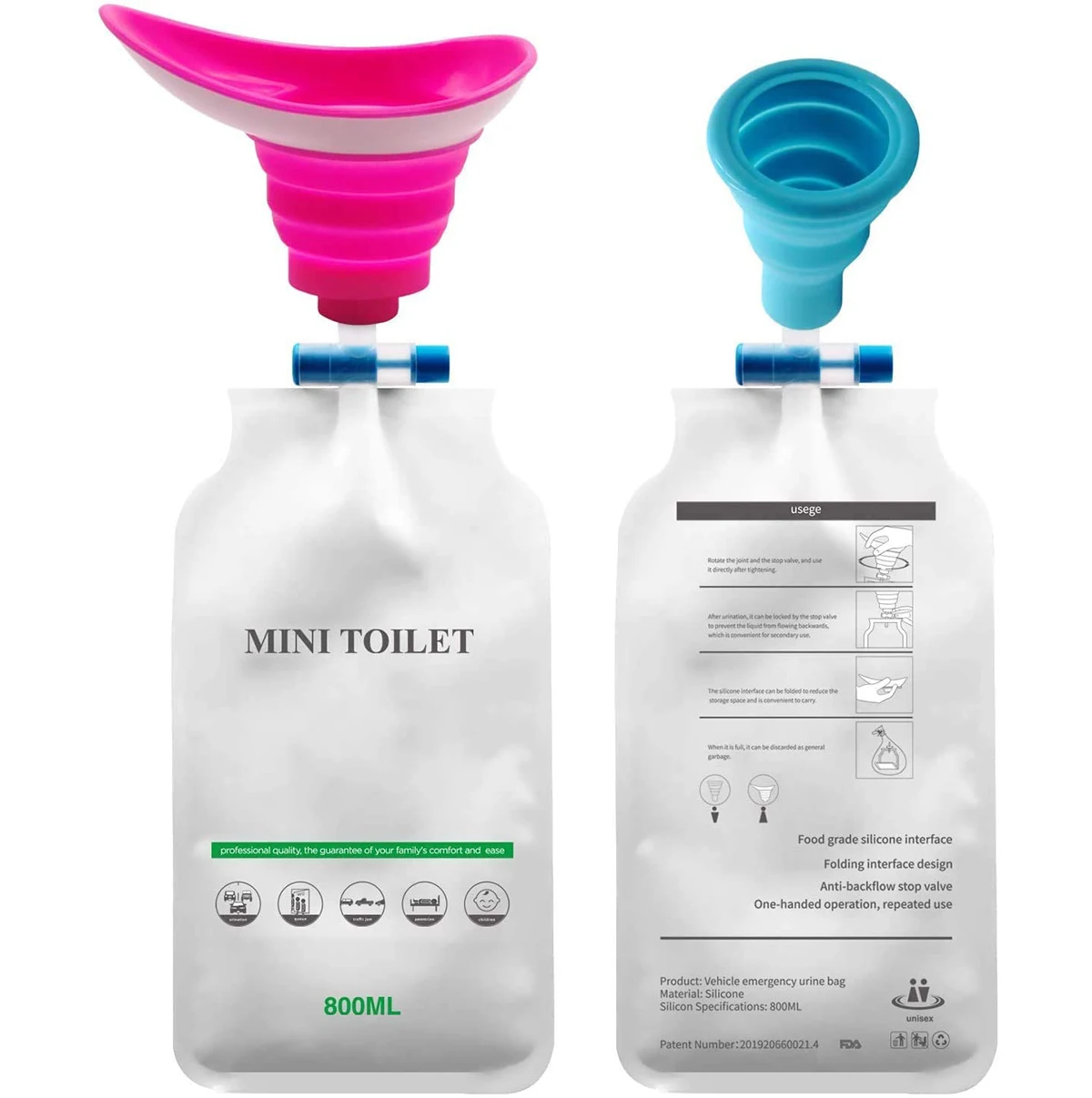 Travel Foldable Urinal Pee Funnel Portable Toilet Urine Bag Urinal Bottle 