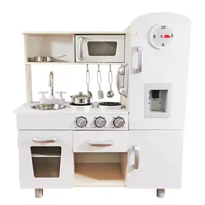 Multi-functional Simulation Cooking in White Design Modern Role Play Big Pretend House Wooden Kitchen Toys for Kids Boys & Girls
