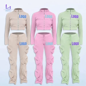 Huili Oem High Quality Custom logo Two Piece Sports Women Sets Zip up No Hood Ctop Top Jacket & Multi Pocket Pants with Zipper