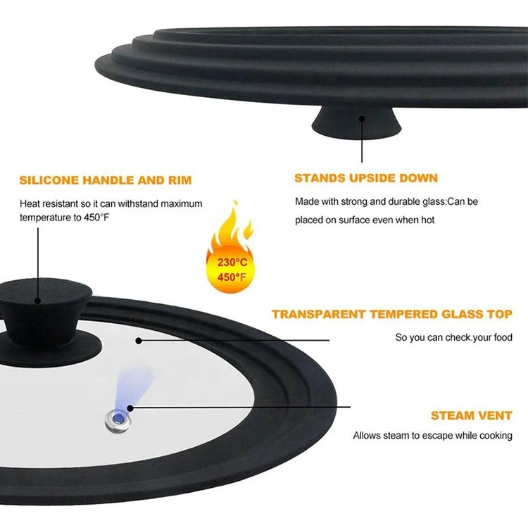 Touch Handle Tempered Glass Food Safe Silicone Pan Cover Silicone Rim Universal Glass Pot Cover