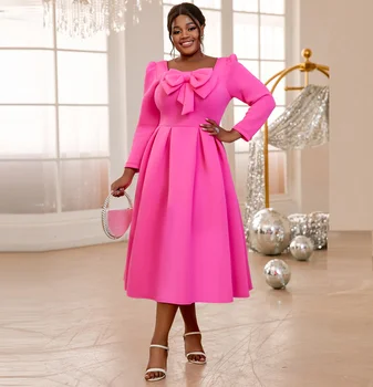 AM040622 Long Sleeves Square Collar Large Bowtie a Line Women Prom Dress Plus Size
