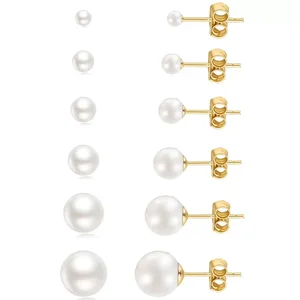 14K Gold Filled Polished Small CZ Pearl Ball Stud Earrings Set for Women Men 20G Surgical Steel Hypoallergenic Piercing Studs