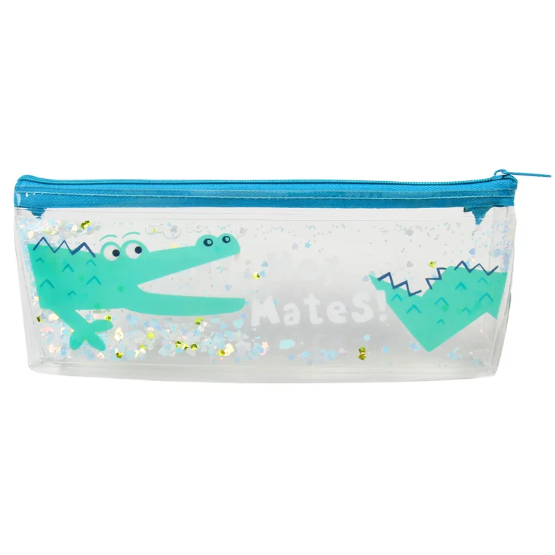 Cute Animal Design Clear PVC Pencil Case With Zipper for Kids and Students, Glitter Filled Transparent Stationery Organizer