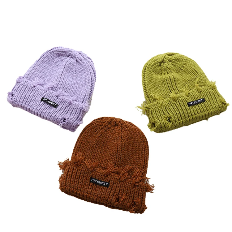 Autumn and Winter Warm Distressed Beanie Fashionable Patch Label Knitted Hat Gorros Custom Beanies With Logo Distressed