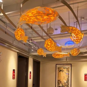 ECOJAS Large Customized Fish Chandelier Creative Handmade Chinese Wooden Fish Pendant  Lighting Art LED Design Lamp