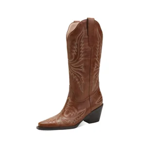 Women's Cowboy Cowgirl Boots Pointed Toe Knee-High Western Rodeo with 6cm Chunky Heel Brown Boots for Ladies