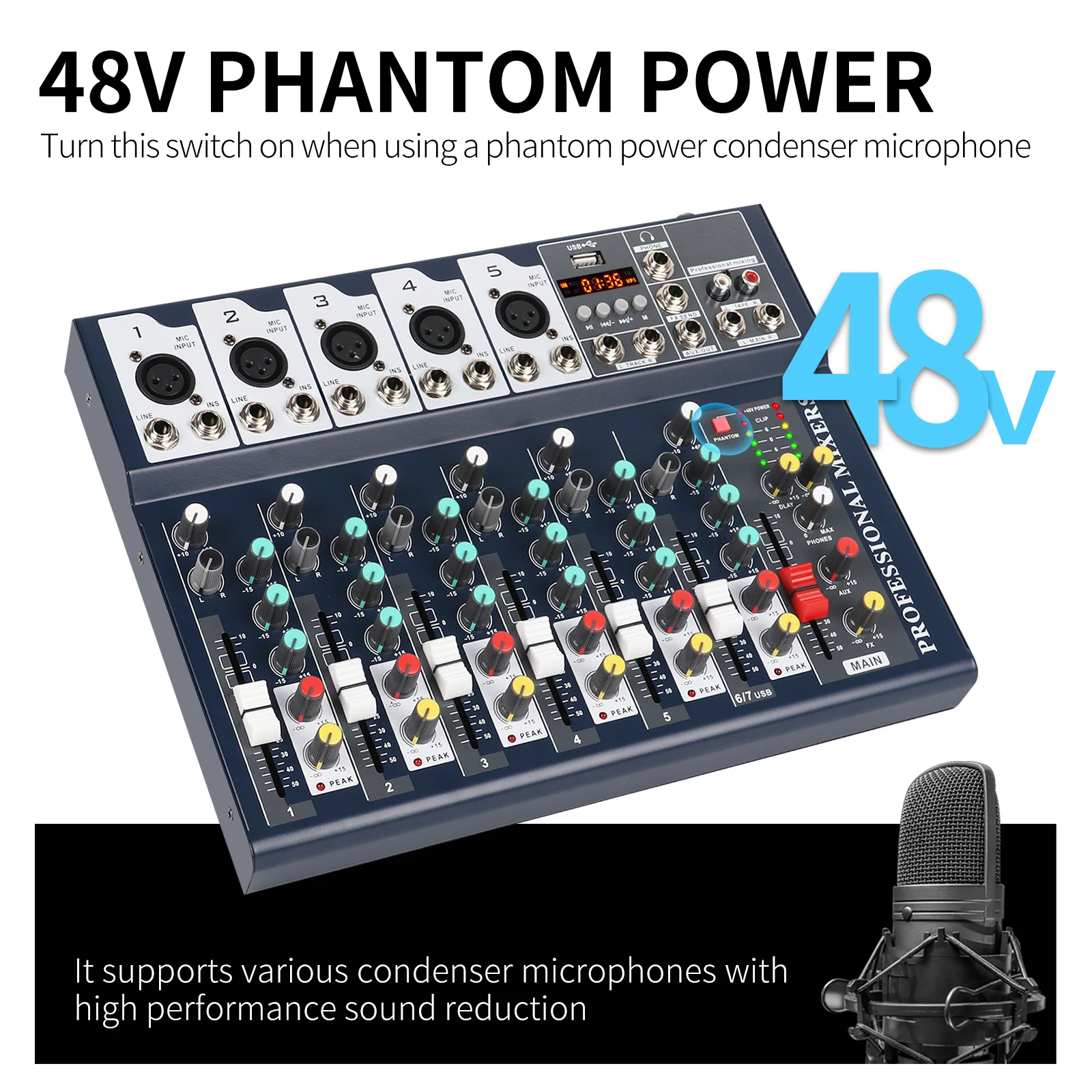 Professional 7channel Audio Mixer With Usb Mp3 Player 3 Brand Eq