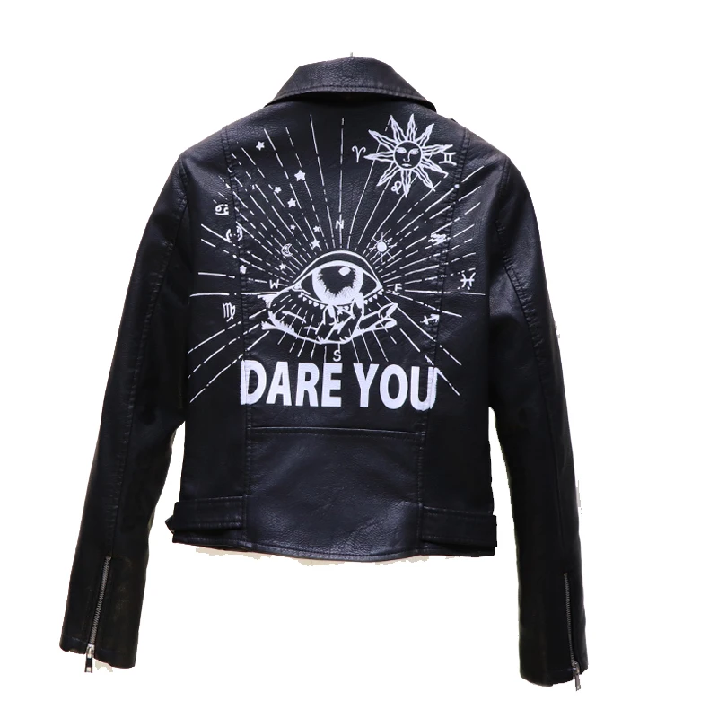 Street Graffiti Printing Crazy Contrast Color Motorcycle PU Leather Short Jacket for Woman