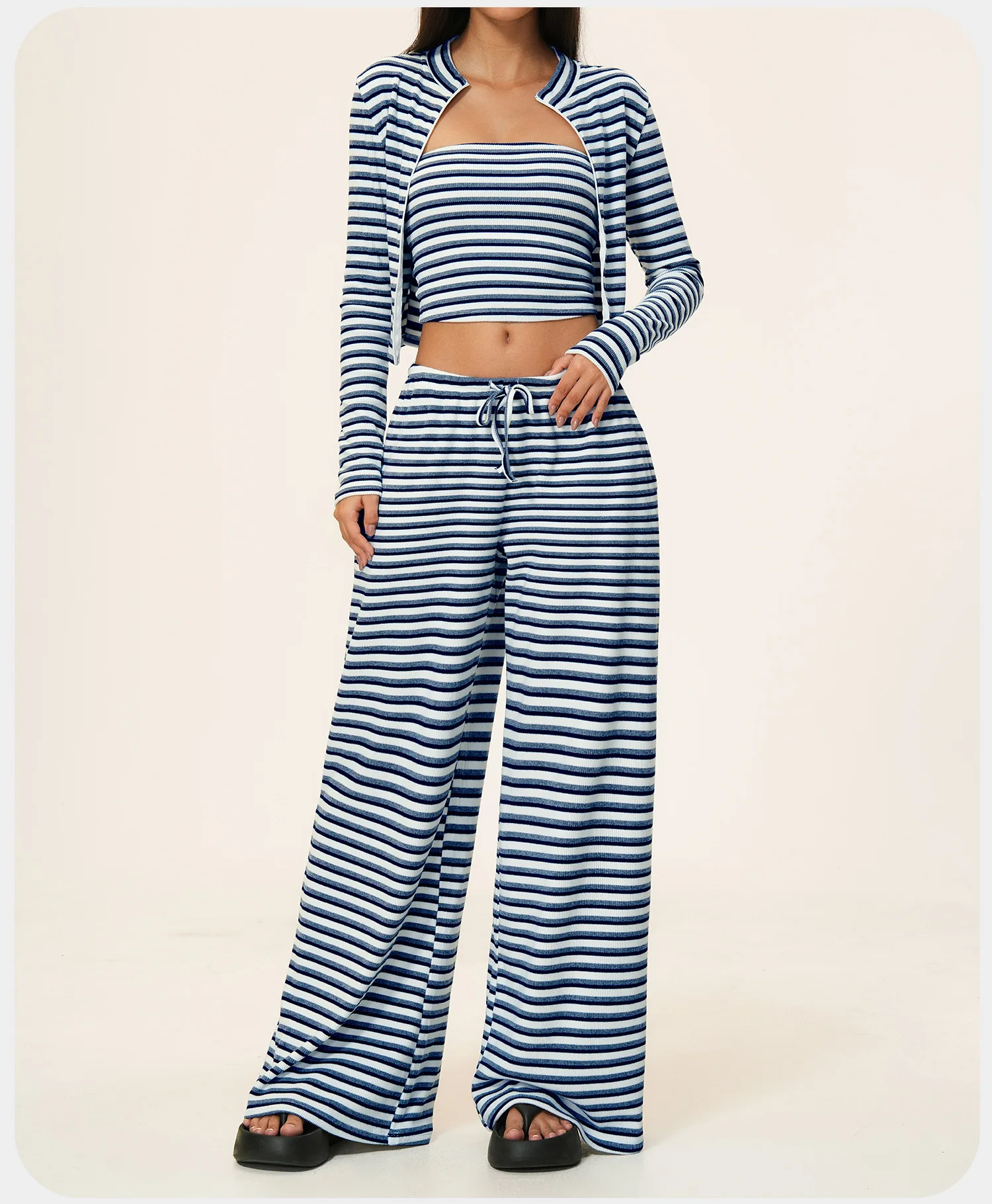 Womens Striped Three Piece Yoga Set Breathable Four Way Stretch Crop Cardigan Wide Leg Pants Activewear — detail