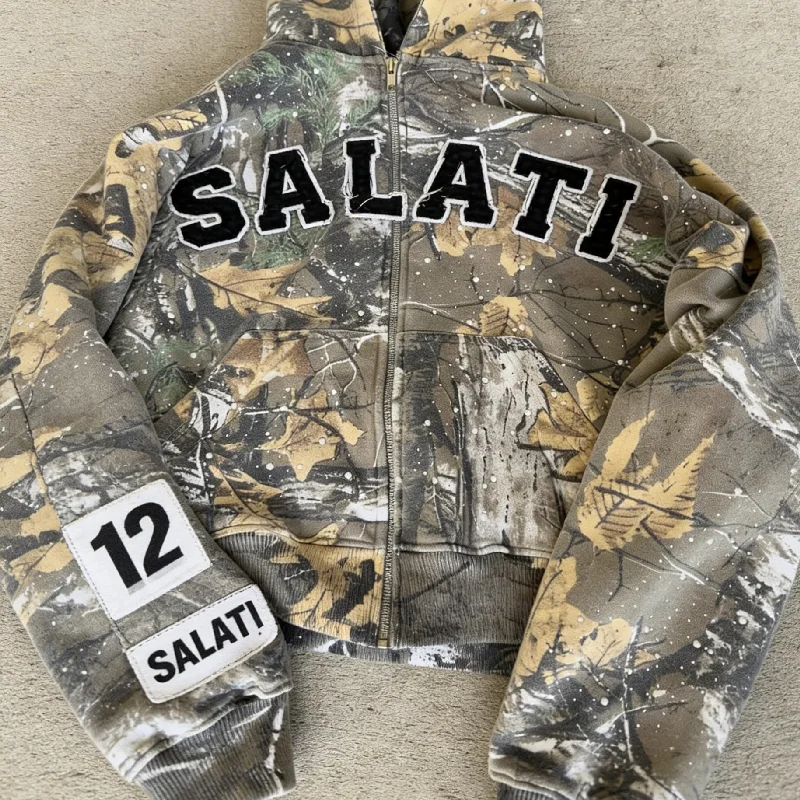 SALATI Custom Luxury Embroidery Streetwear Fleece Blank Vintage Oversized Faded Distressed Zip up Hoodie Streetwear gallery 4