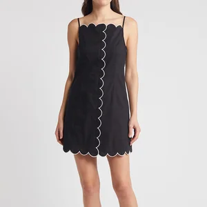 Sweeter Strap Style Mini Dress With Simple Scalloped Stitch Edges Elegant Slim Women's Dress