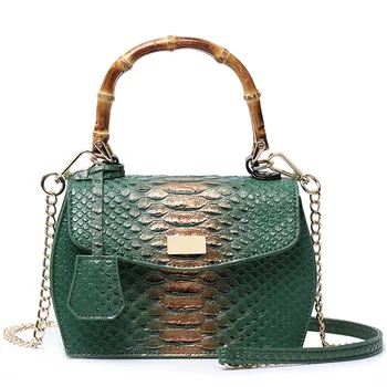 2021 Luxury Designer Bamboo Handle Python Skin Lady Handbags PU Leather Female Snake Skin Handbag For Women