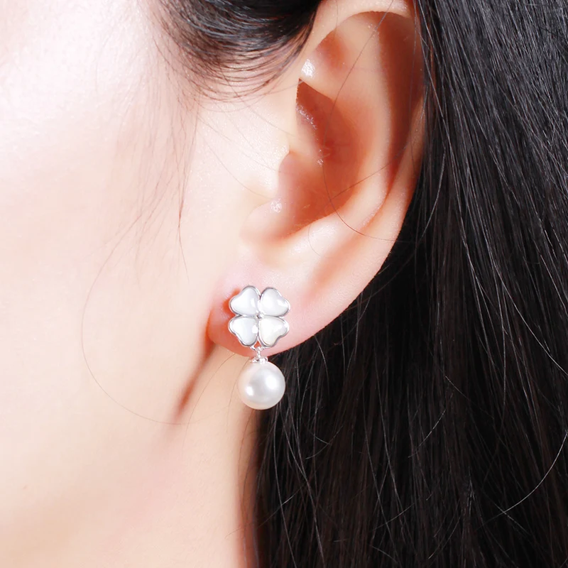Wholesales 925 Sterling Silver 18K Gold Plated Fashion Women Four Leaf Clover Pearl Stud Earrings Je(图9)