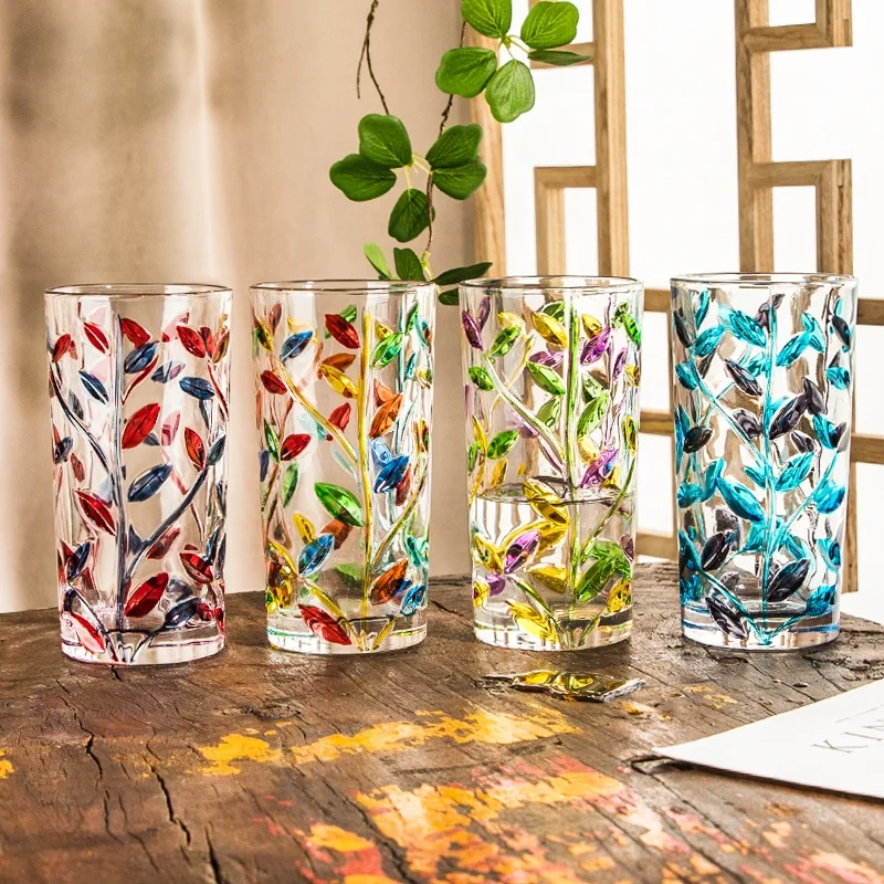 Creative Hand Painted Colorful Leaf Twig Embossed Mouth Blown Classic Highball Glasses Tall Beverage Cups