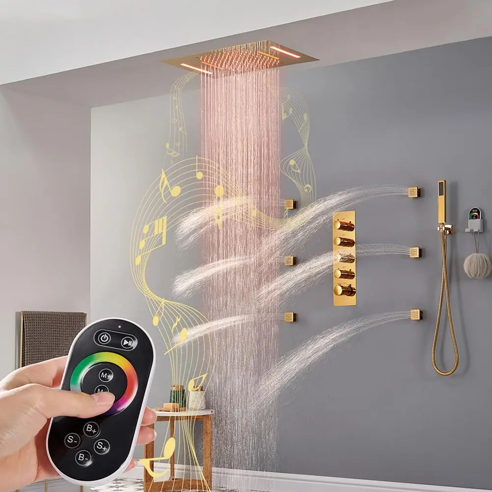 Thermostatic Shower Jets System LED Bluetooth Music Waterfall Rainfall Luxury Brushed Gold Shower Head System
