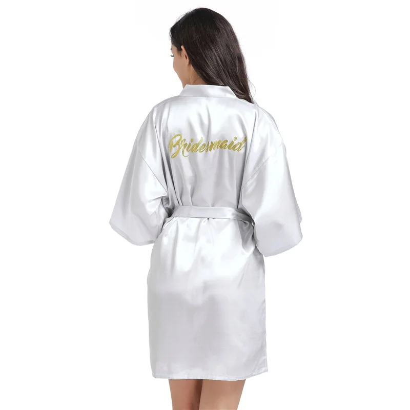 Gold Glitter Short Satin Kimono Robes For Wedding Party
