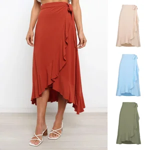 Trendy Casual Frill Hem Wrap Skirt With Belt Dresses Women Custom Women Irregular High Waist Maxi Slit Midi Skirt