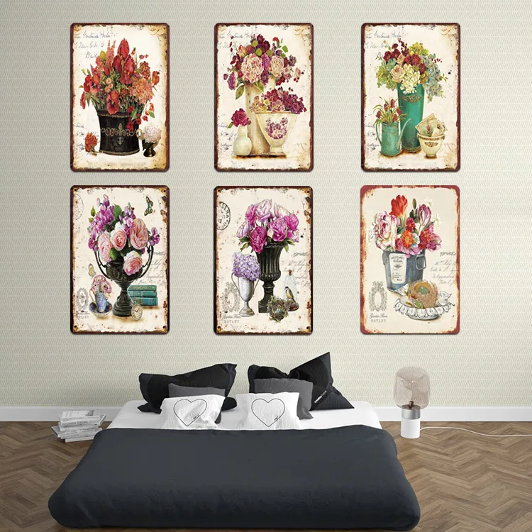 Plaque Métallique Vintage – Fleurs Sur Fer Blanc, 20x30 Cm, Pour Bar Ou Maison