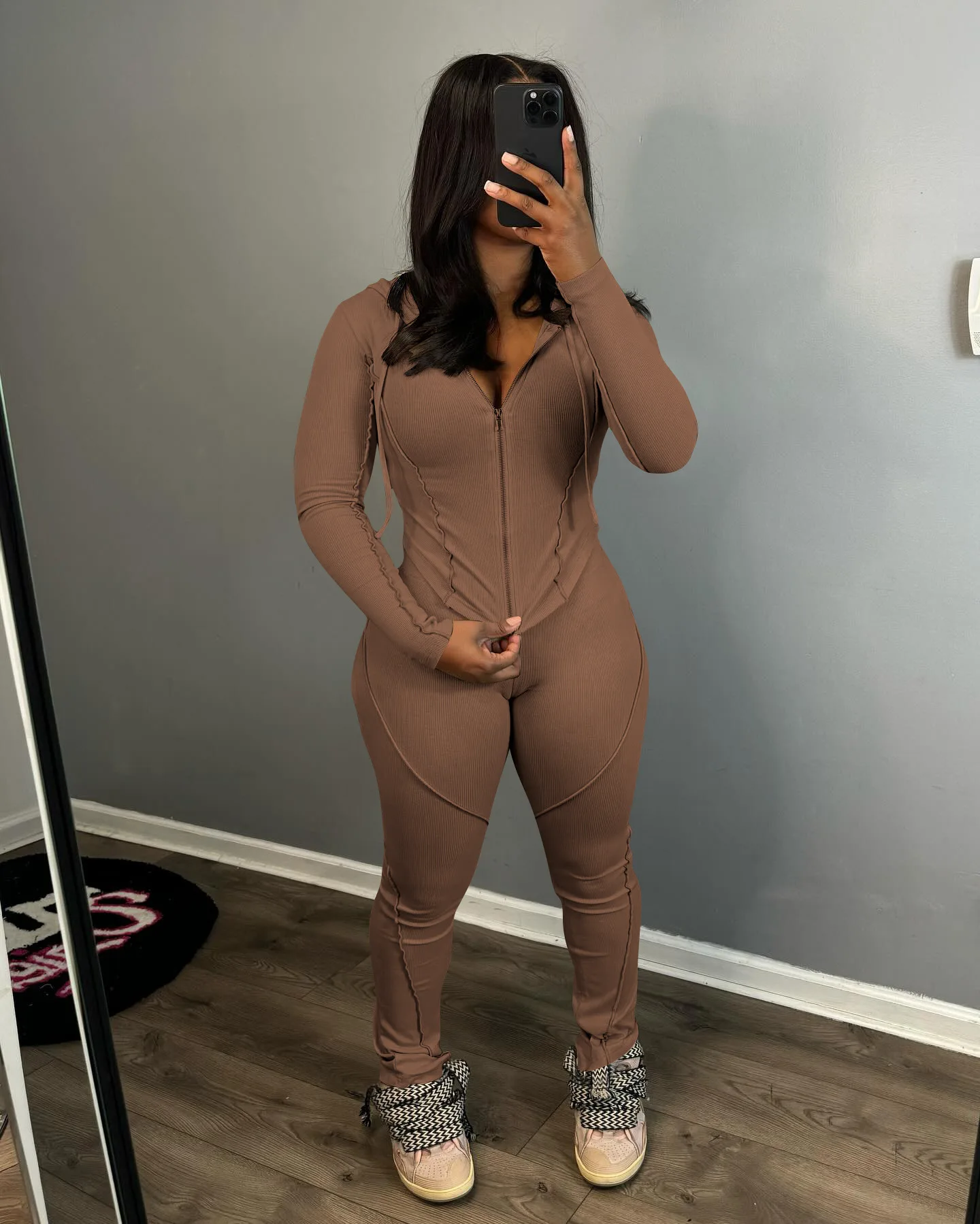 2024 New Arrivals Two Piece Long Sleeve Set Ribbed Full Zipper Women