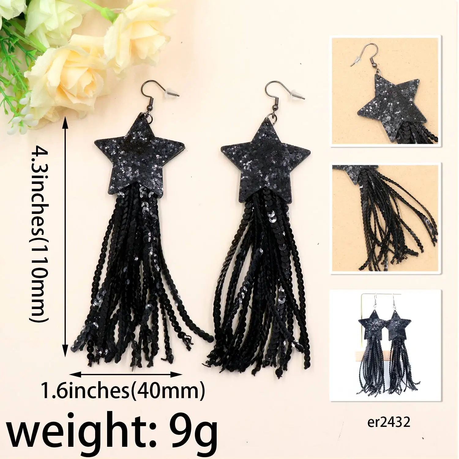 ZSHER2432Unisex Holy Festival Black Series Long Tassel Earrings 24.32 Million Shining Star for Engagement and Anniversary factory