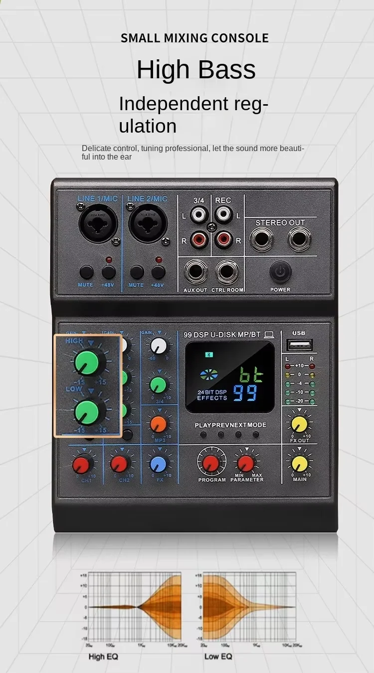 Cross-Border 4-Way USB Mixer Effect Stage Live Singing Recording Conference Equipment with Noise Cancelling Function