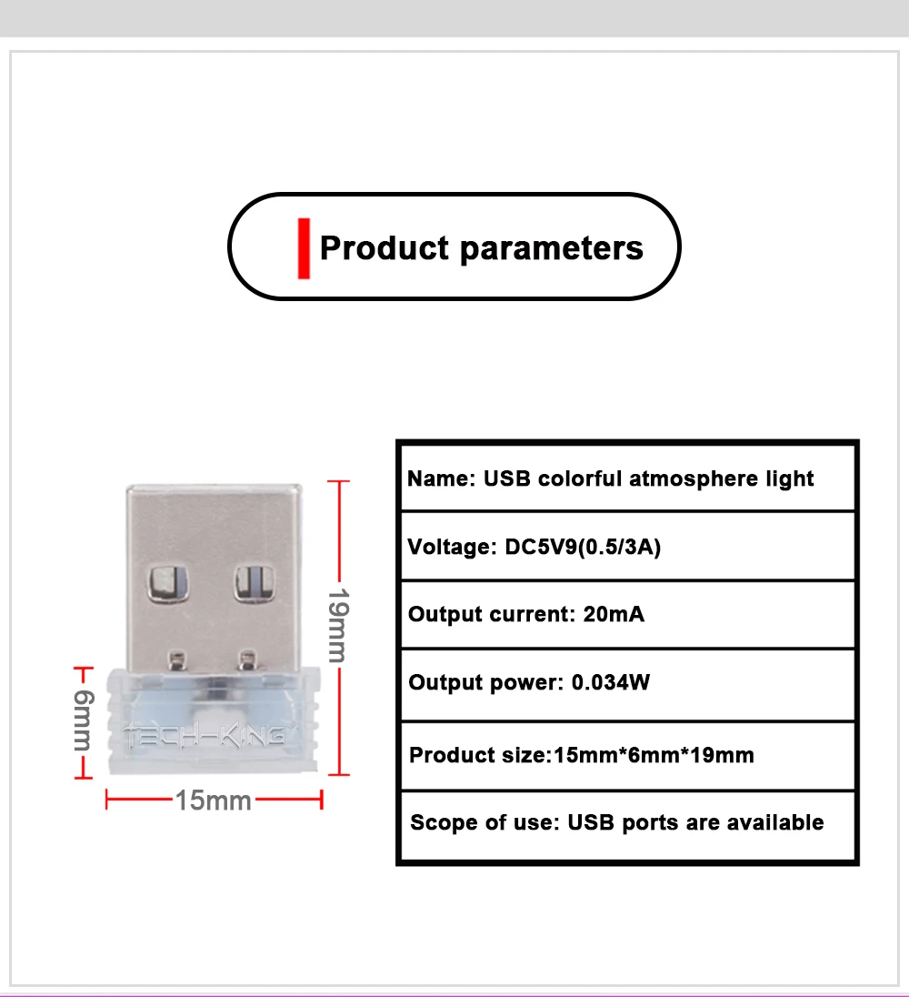 TECH-KING Car Interior Atmosphere Lamp Ambient Lighting Kit Night Led Decoration Mini Universal USB led Light Atmosphere Lamp