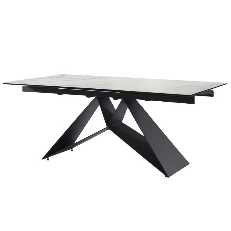 Strong Modern Metal Feet Imported Ceramic Glass Top Extendable Dining Table with Smart Sliding System