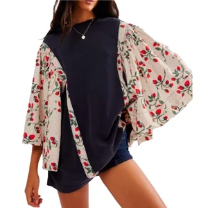 Women's Korean Style Fashion Tees Casual Wear Loose Fit Blouse Exaggerated Floral Printing Flutter Sleeves Oversized Breathable