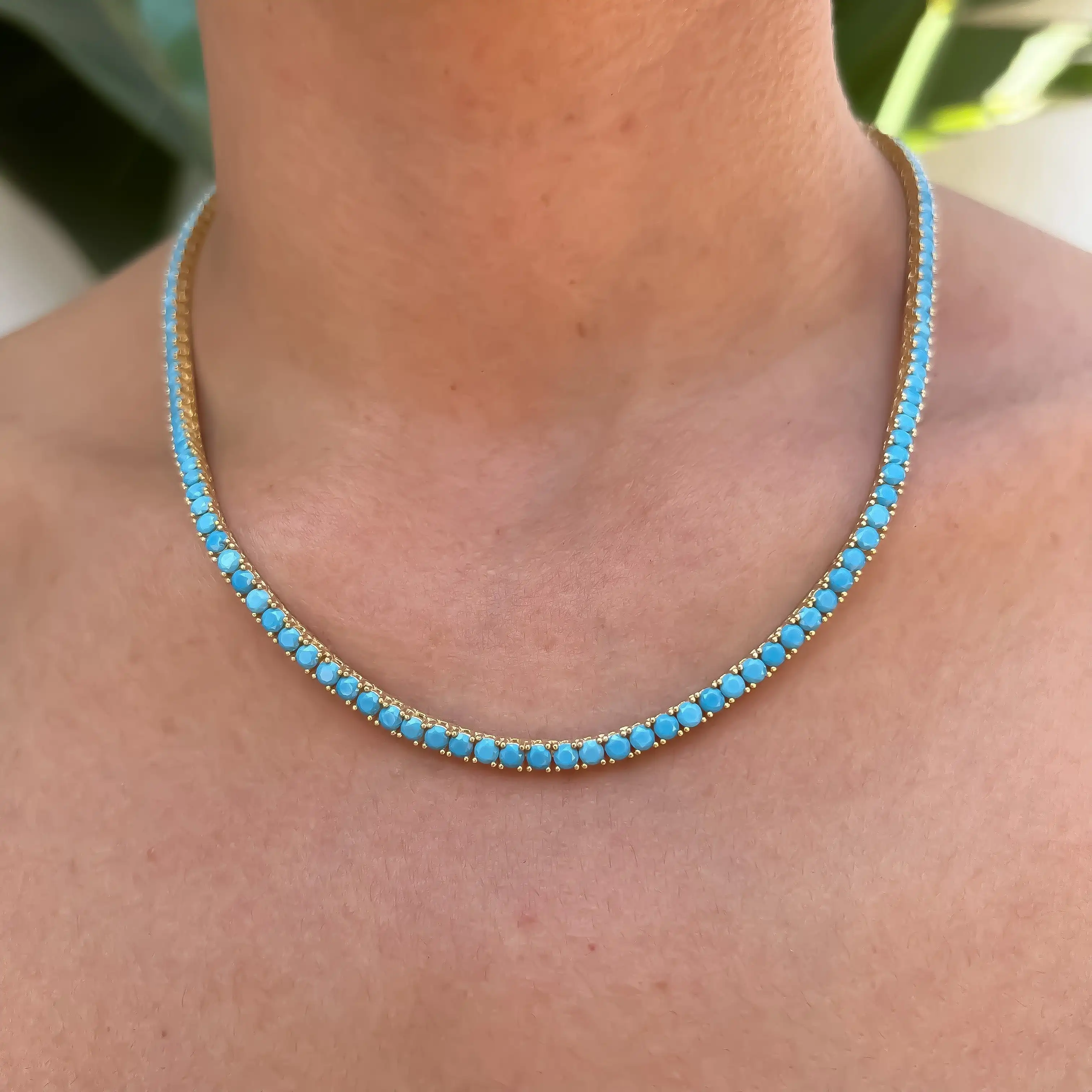 18K Gold Plated Bling 3mm Turquoise Tennis Chain Necklace Mirco Pave CZ  Charm Blue Stone Fashion Fine Women Jewelry - Main Image