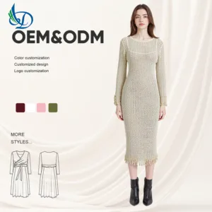 Customized logo Retro A-line Dress Beige Long Sleeved Mini Wool Knit Spring Solid Color OEM Service