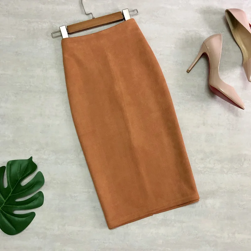 2022 Winter Women Suede Midi Pencil Skirt High Waist