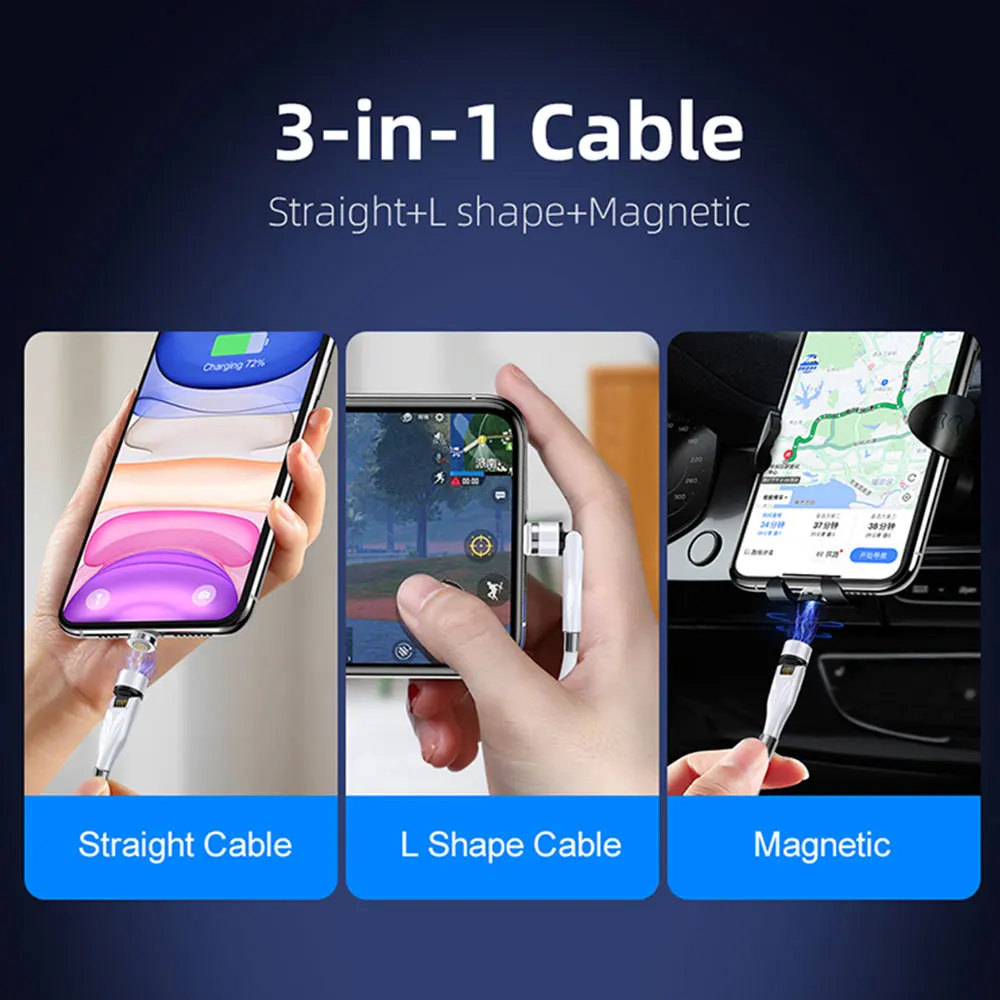 
 Лидер продаж, высокоскоростные боковые светодиодные кабели Micro Type-c для iPhone 3 в 1, магнитный USB-кабель для передачи данных, зарядное устройство от производителя  