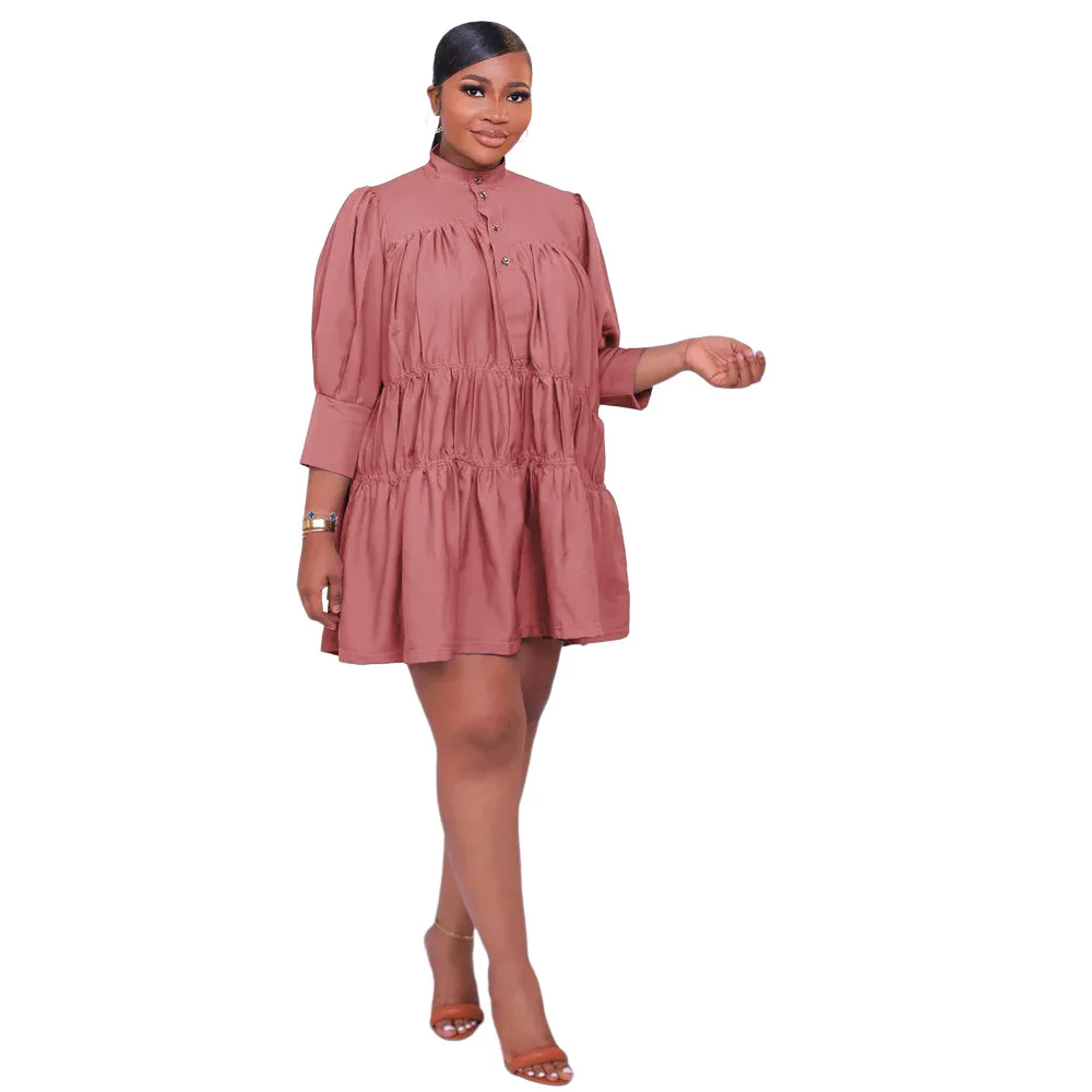 New Arrival Women's Clothing Fall Shirt Dress High Neck Solid Color Loose  Long Sleeve Women Midi Large Swing Dress