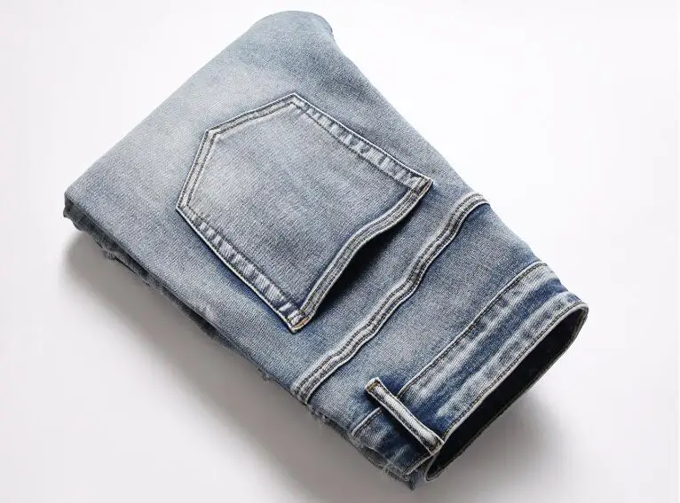 Factory Wholesale Designers Trendy Pencil Pants Blue Stretch Trouser Mens Ripped Denim Slim Fit Jeans