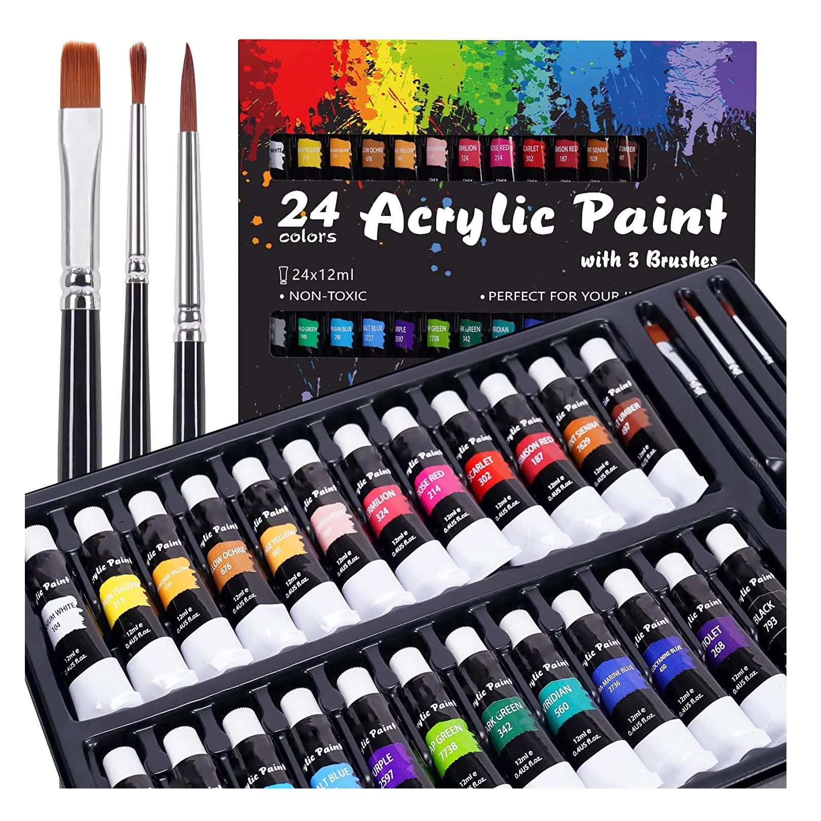 Acrylic Paint 24 Color Paint with 3 Brushes Vivid Paint Pigment for Art