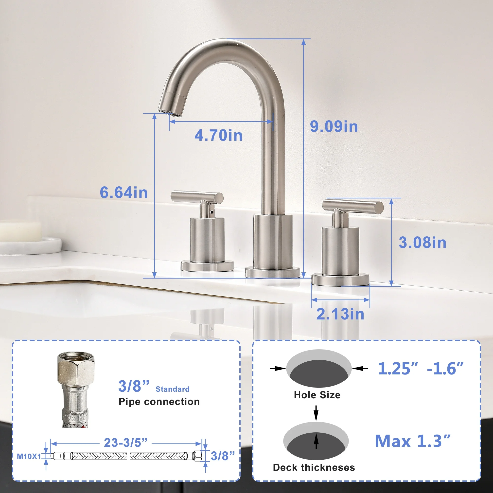Brushed Nickel 3 Hole Widespread Bathroom Faucet Dual Handle Brass Basin Mixer Tap Commercial Wholesale Deck Mount Faucet