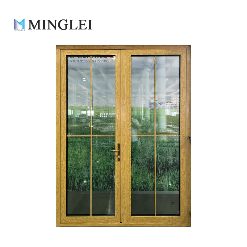 America Thermal Break Aluminum Casement Door Triple Glazed with Grille Design Triple Pane Outward Opening Door