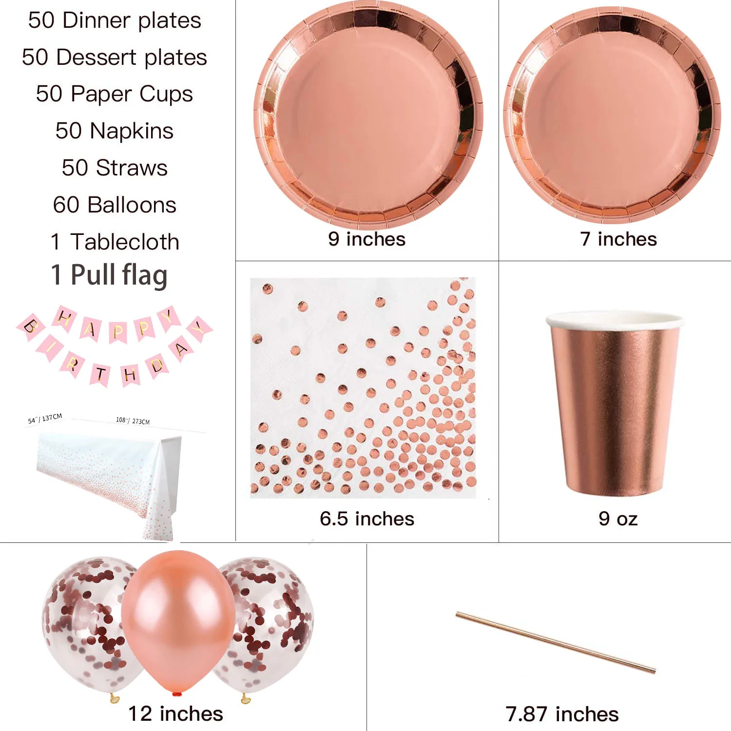 Disposable Tableware Plates Happy Birthday Banner Rose Gold Party Plates Set  for Happy Birthday Party Decoration Supplies