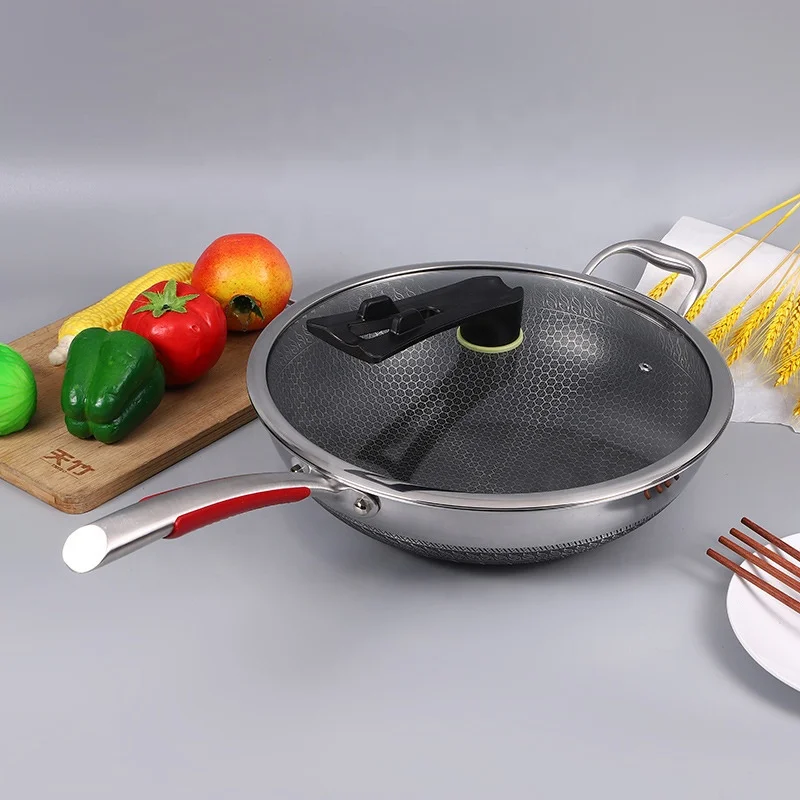 Hot Selling Kitchen 32cm Induction Wok Pan Sus 304 Stainless Steel Nonstick Frying