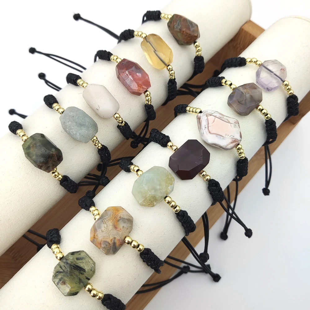 New Arrivals Simple Leather Handmade Knot Rope Chain Irregular Stone  Natural Quartz Beads Bracelets Adjustable Bangle for Gifts