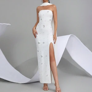 ZYHT 70095 Sexy Strapless Crystal Diamonds Beading White Long Bandage Elegant Evening Wholesale Party Women Dress Manufacturer