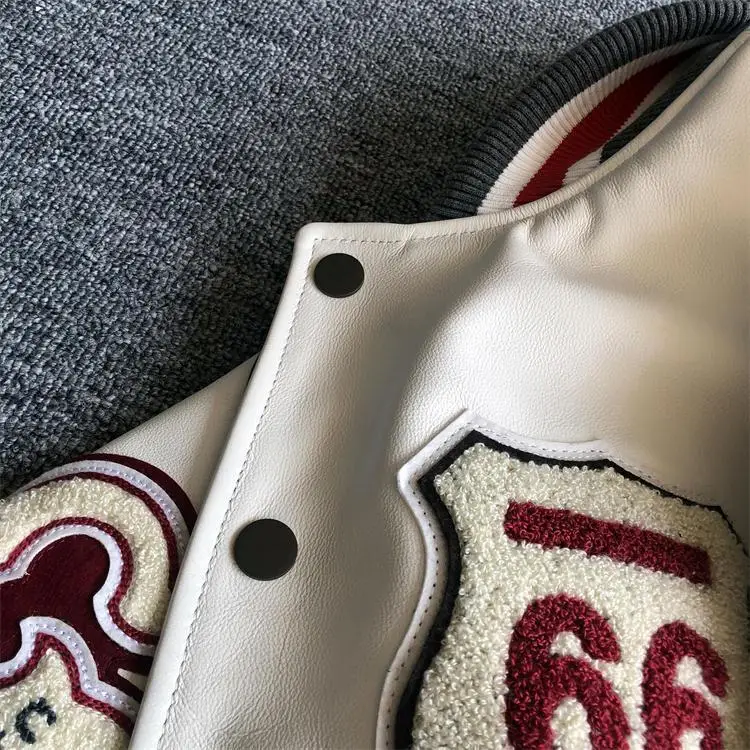 high quality towel embroidery unisex varsity jacket with ing outdoor leather coat without hood_voghion.com