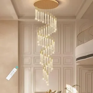 Modern Luxury Lobby Staircase Hanging Crystal Tube Pendant Light Gold Large Long Customized Chandelier for Villa