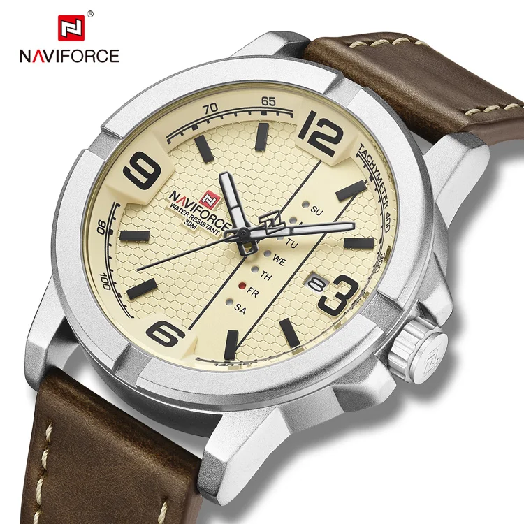 NAVIFORCE 9177 New Classic Solid Surface Men Watch Gentleman Leather Strap Quartz Watches Chronograph for Men Gift Relojes
