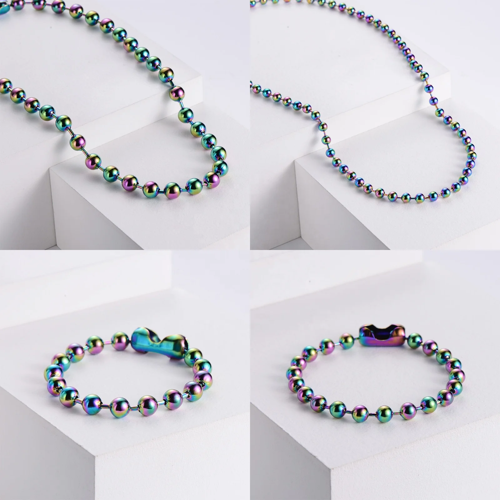 Rainbow Titanium Plated Hematite Seven Color Stainless Steel Bead Chain Necklace Bracelet Jewelry Sets for Women Gift