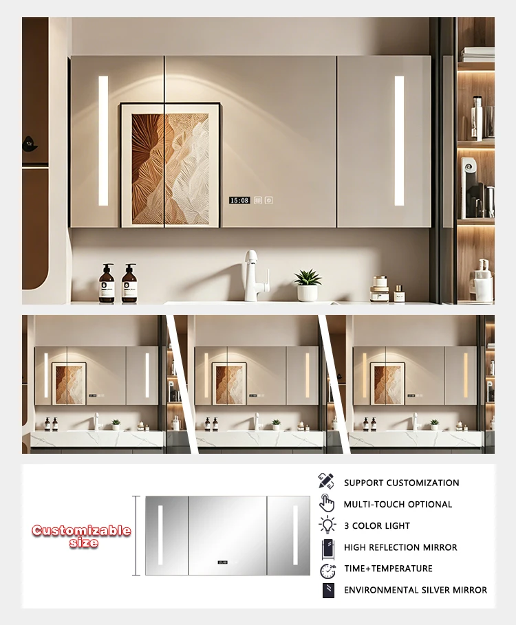 product modern design high quality led mirror bathroom cabinet vanity with time display for home furniture for apartment use-4