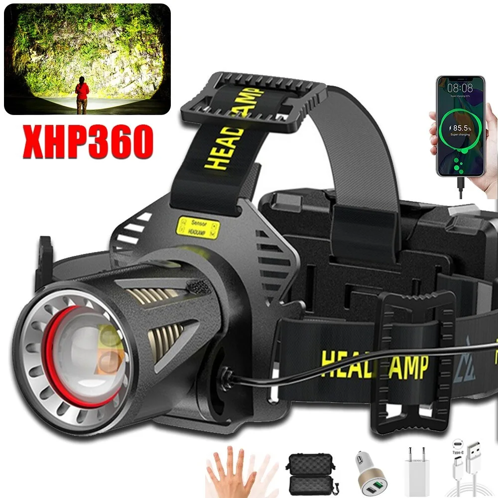 1000 lumen waterproof Head lamp light Type C 18650 ZOOM XHP360 Motion Sensor powerful LED Headlamp Rechargeable with power bank