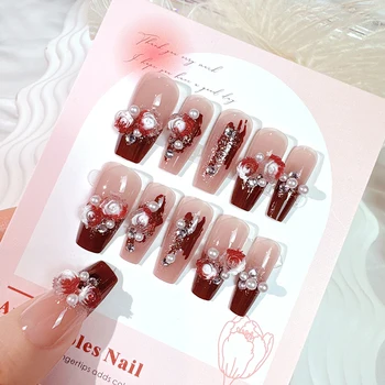 Red Nails ins high-end pure desire style nail patch finished wearable rose design art finger nail salon